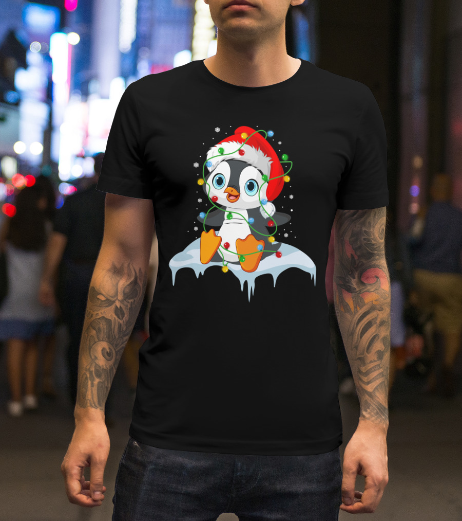 Baby Penguin Santa Christmas Lights Snowflakes T-Shirt