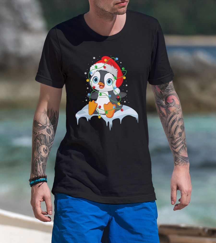 Baby Penguin Santa Christmas Lights Snowflakes T-Shirt