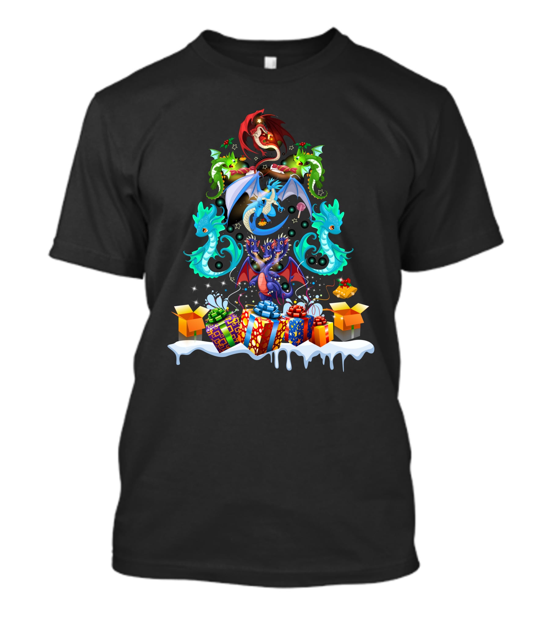 Christmas Dragon Family With Gift Boxes And Snowy Scene T-Shirt