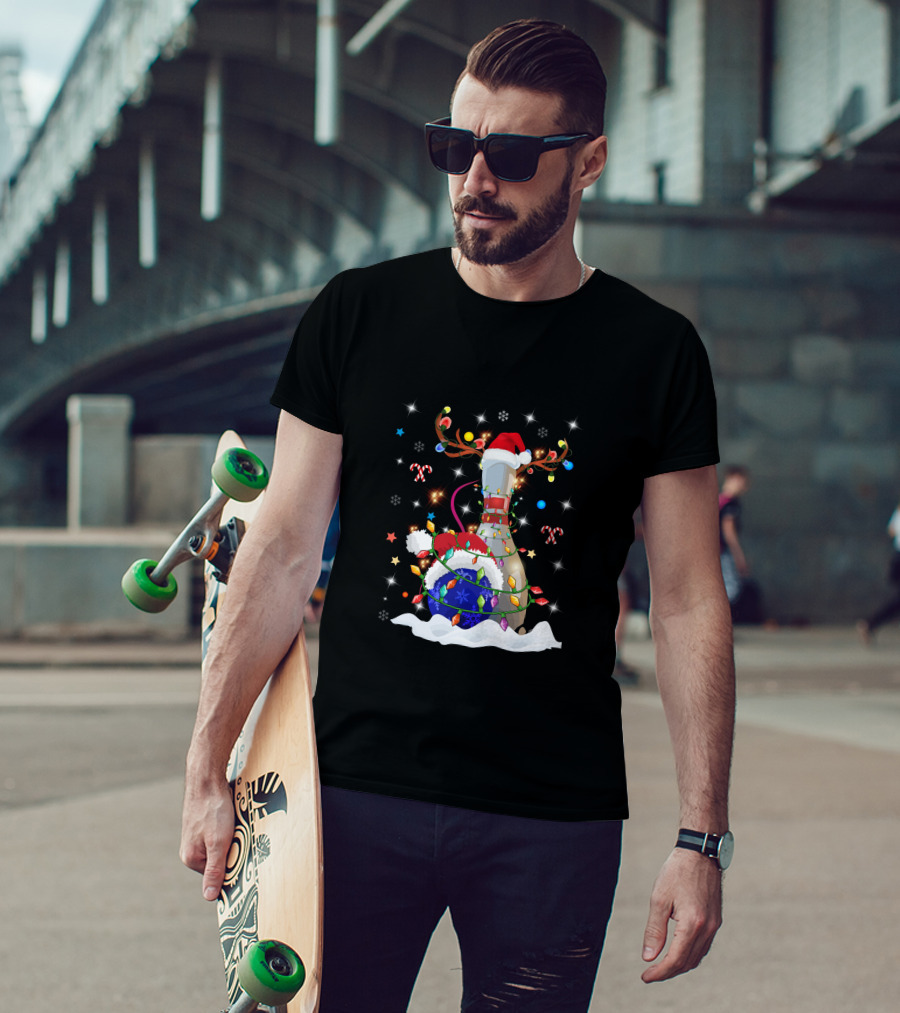 Christmas Bowling Pin With Lights And Santa Hats T-Shirt