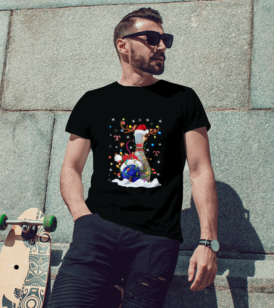 Christmas Bowling Pin With Lights And Santa Hats T-Shirt