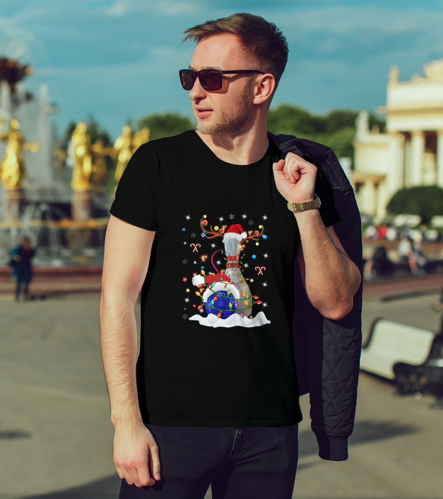 Christmas Bowling Pin With Lights And Santa Hats T-Shirt