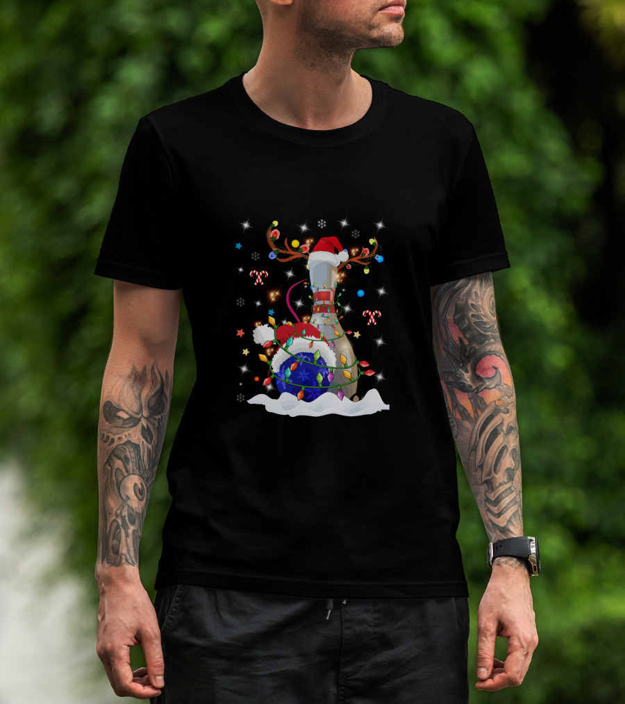 Christmas Bowling Pin With Lights And Santa Hats T-Shirt