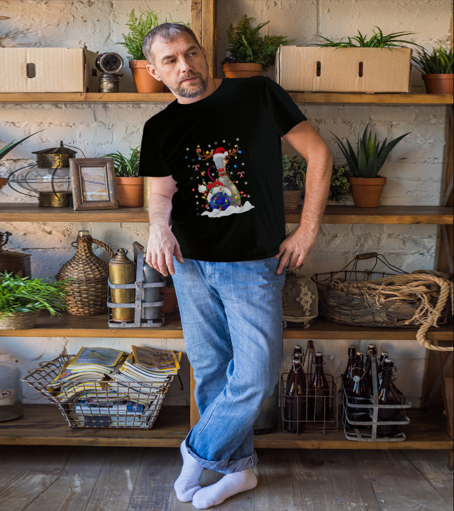 Christmas Bowling Pin With Lights And Santa Hats T-Shirt