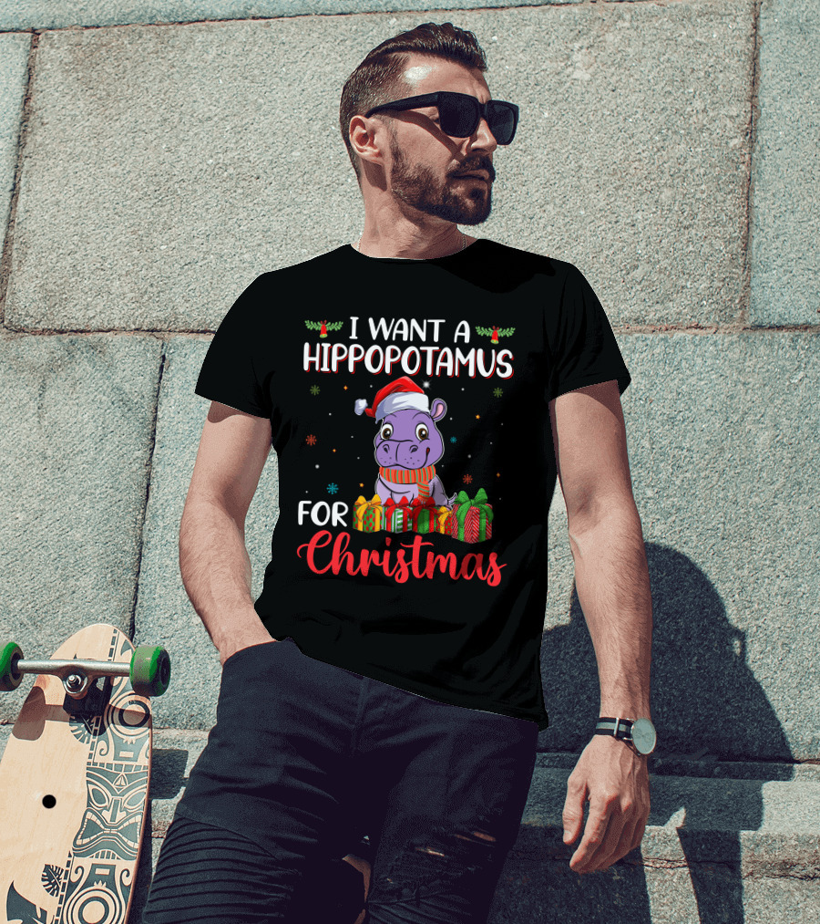 I Want A Hippopotamus For Christmas Santa Hat Present Boxes T-Shirt