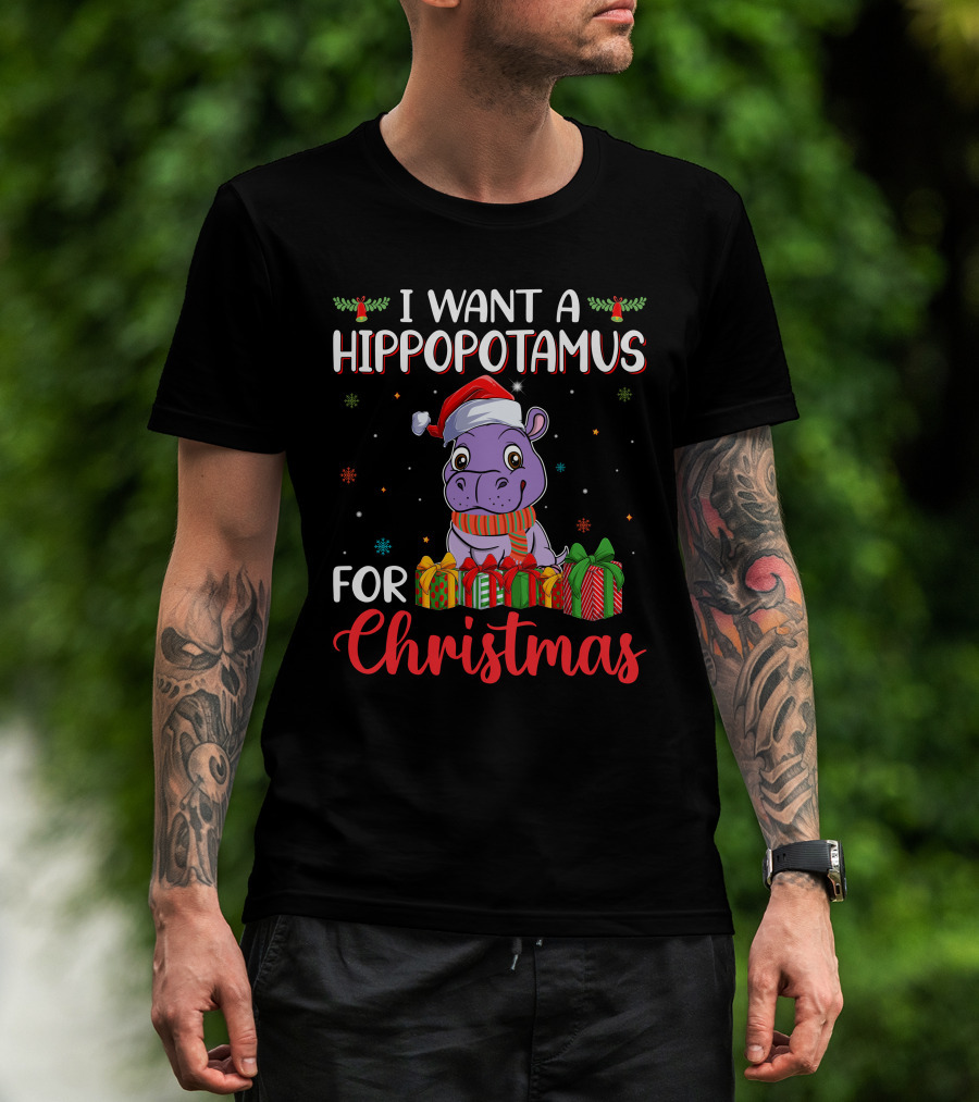 I Want A Hippopotamus For Christmas Santa Hat Present Boxes T-Shirt