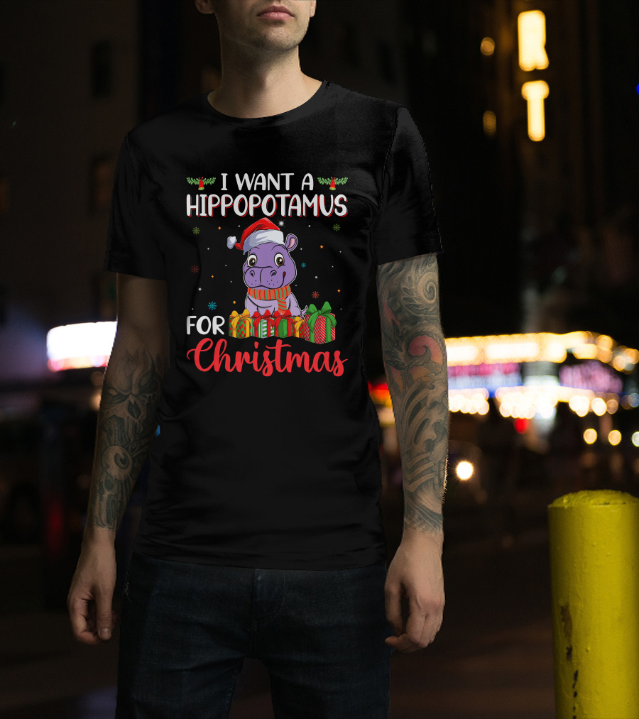 I Want A Hippopotamus For Christmas Santa Hat Present Boxes T-Shirt