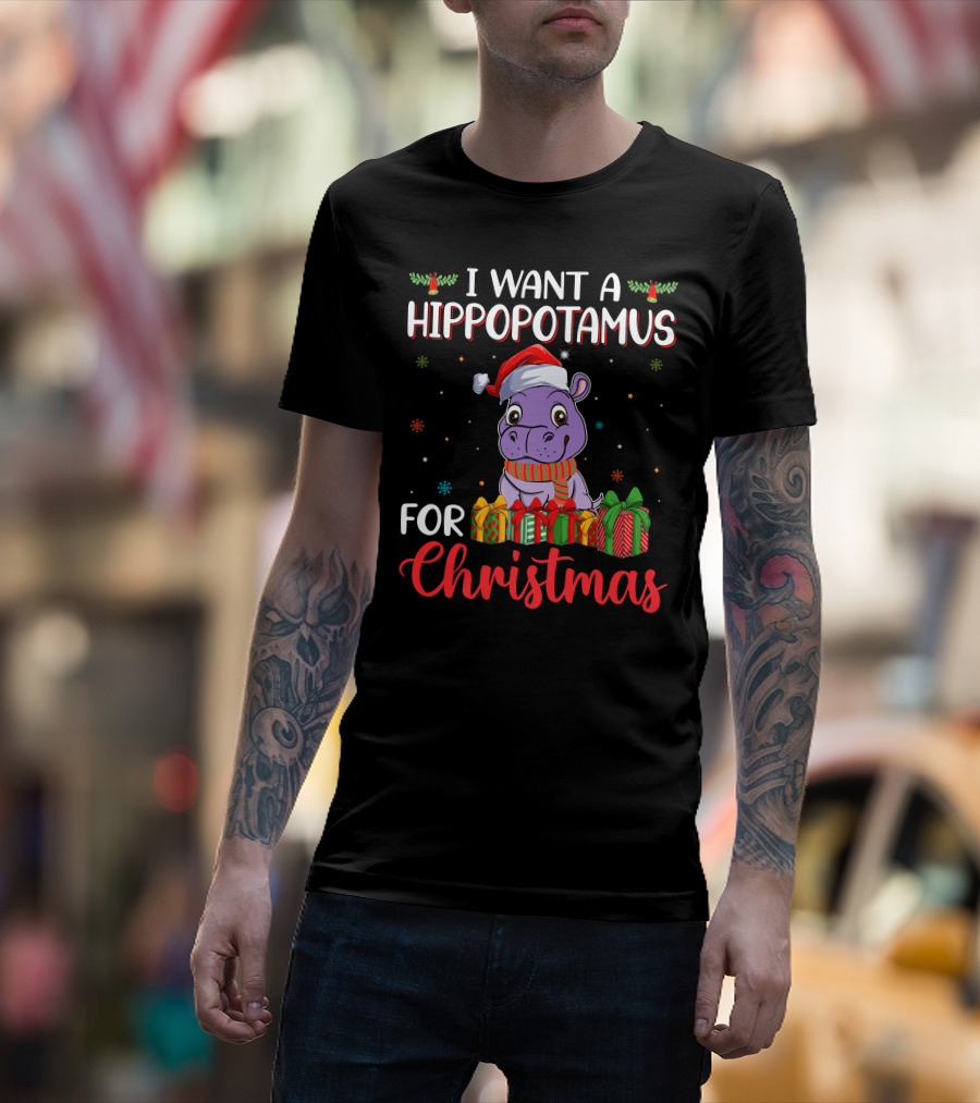 I Want A Hippopotamus For Christmas Santa Hat Present Boxes T-Shirt