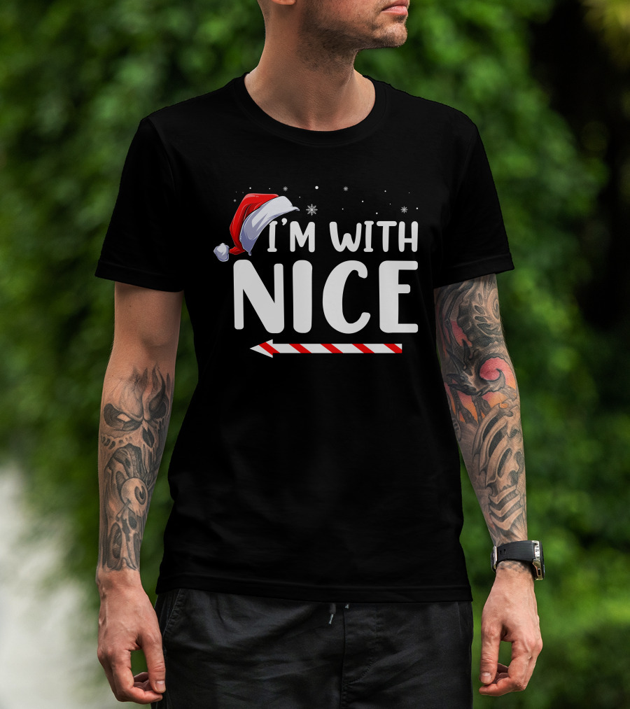 I'm With Nice Christmas Santa Hat Candy Cane Arrow T-Shirt