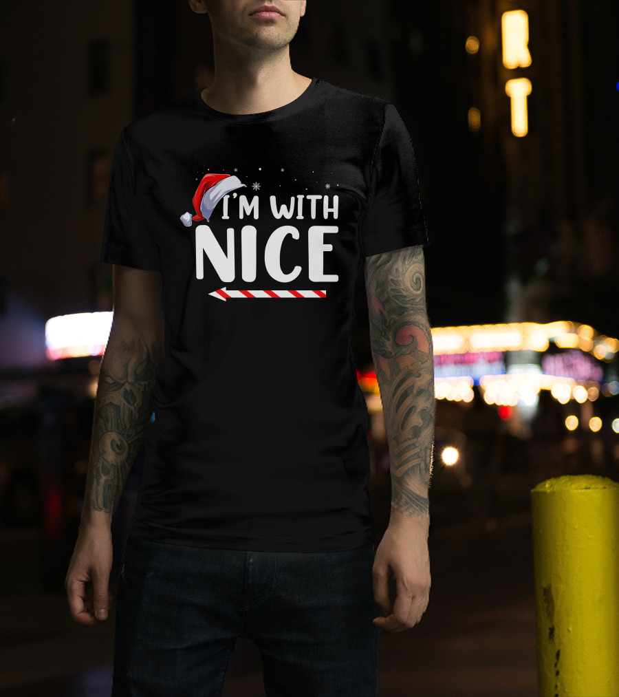 I'm With Nice Christmas Santa Hat Candy Cane Arrow T-Shirt