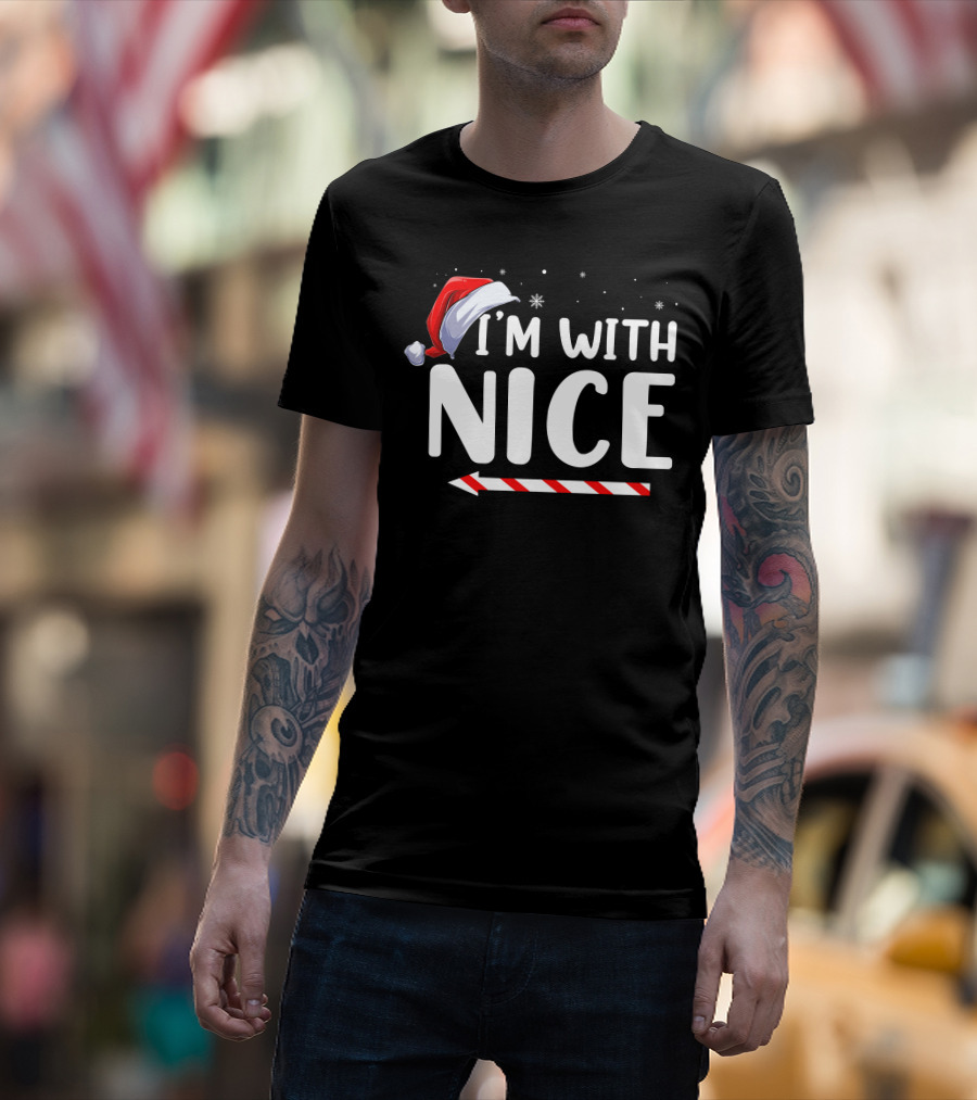 I'm With Nice Christmas Santa Hat Candy Cane Arrow T-Shirt