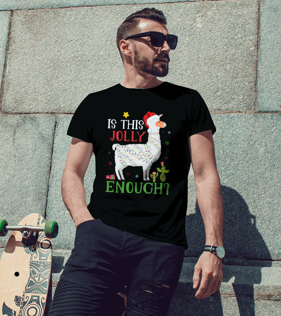 Is This Jolly Enough Christmas Lights Llama Santa Hat T-Shirt