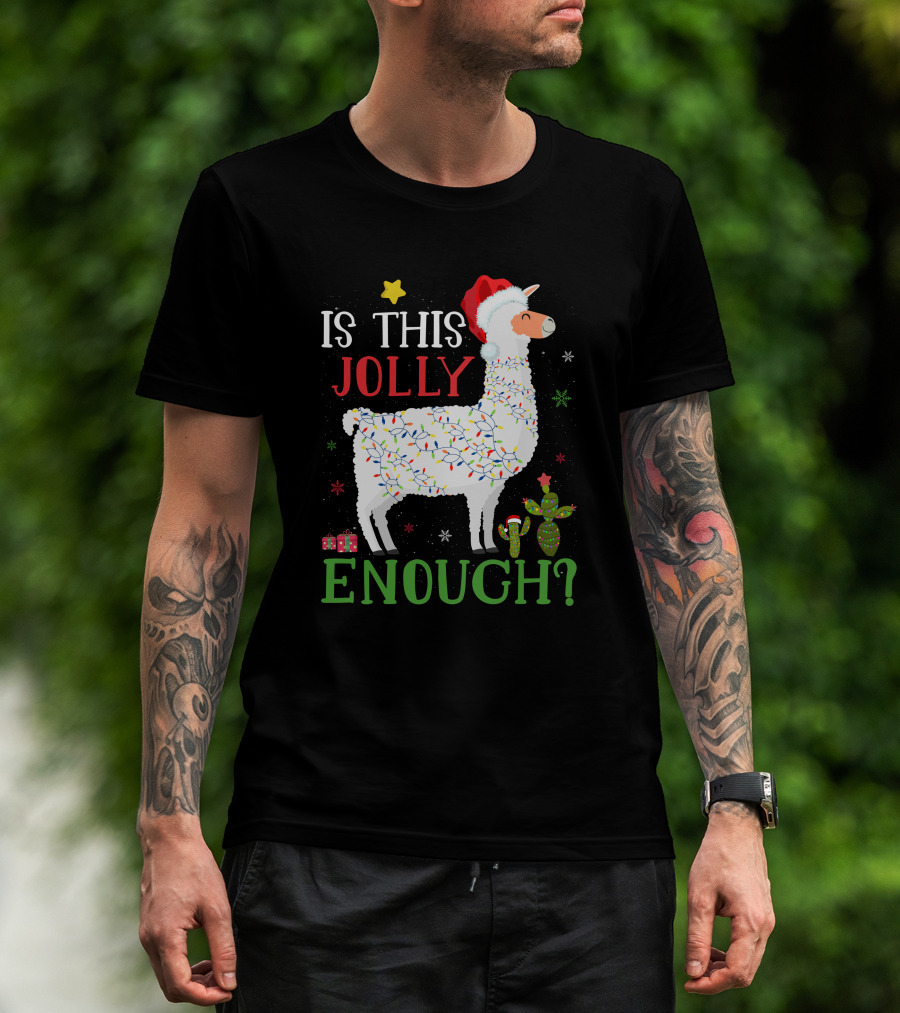 Is This Jolly Enough Christmas Lights Llama Santa Hat T-Shirt