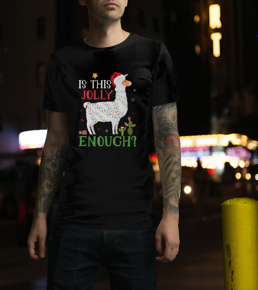 Is This Jolly Enough Christmas Lights Llama Santa Hat T-Shirt