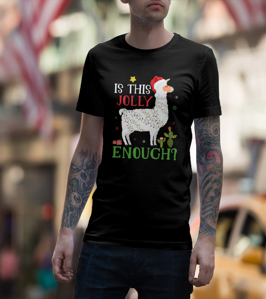 Is This Jolly Enough Christmas Lights Llama Santa Hat T-Shirt