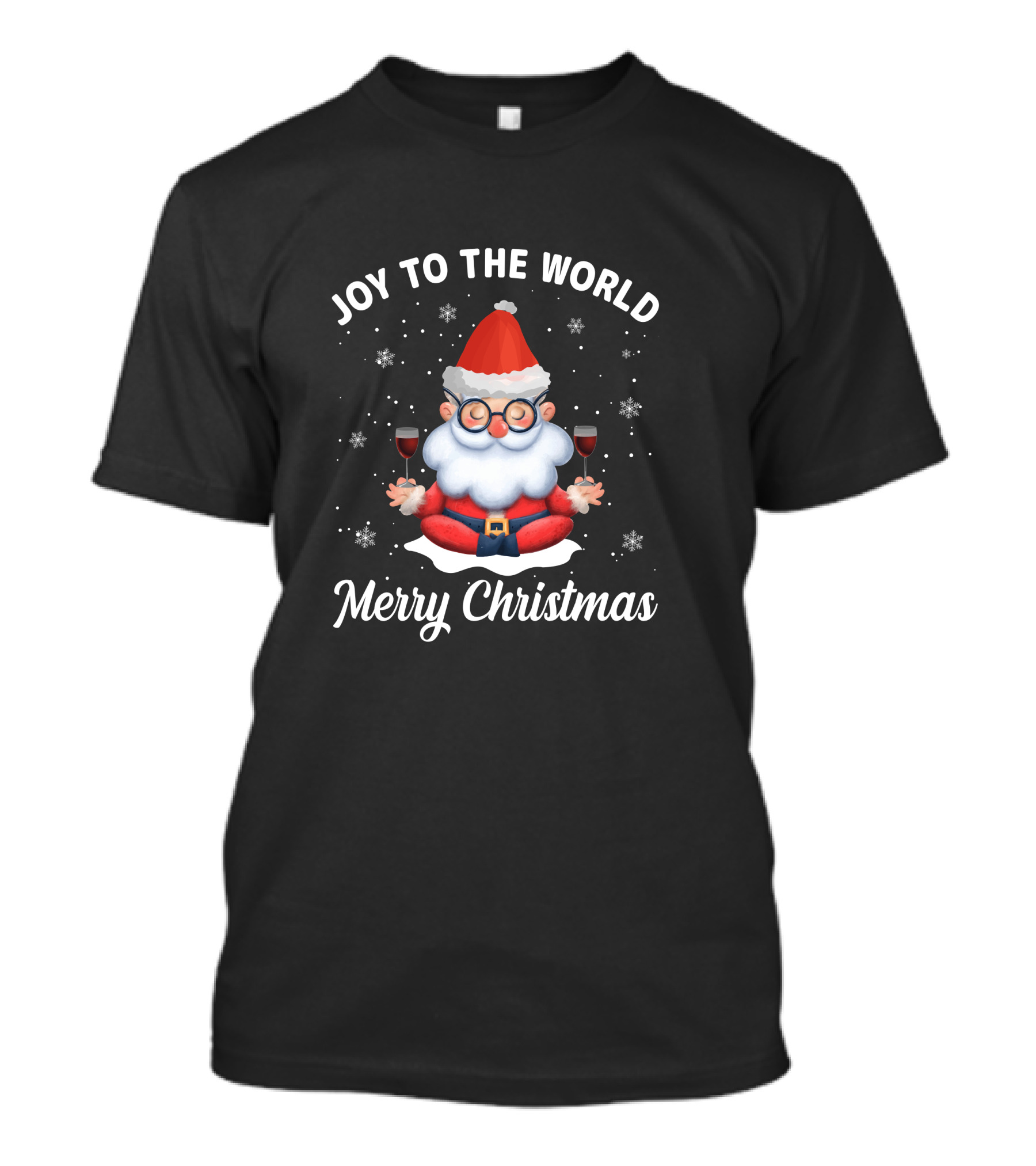 Joy To The World Merry Christmas Santa Meditation With Wine Snowflakes T-Shirt
