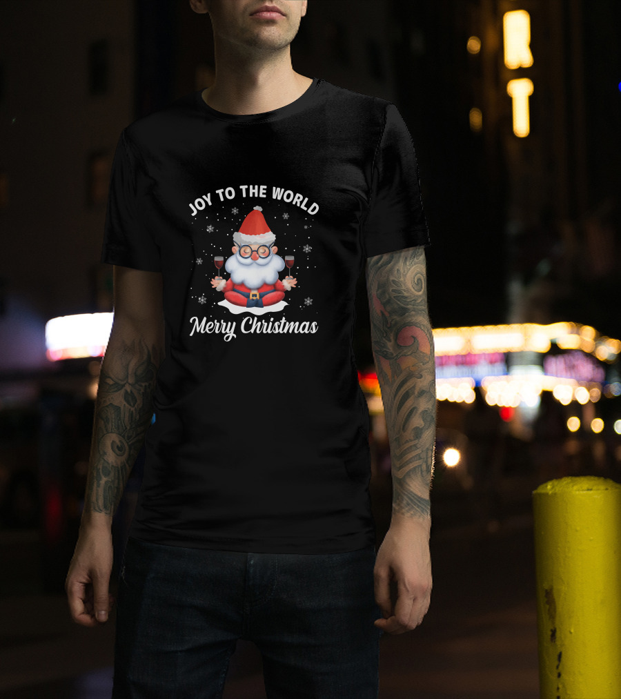 Joy To The World Merry Christmas Santa Meditation With Wine Snowflakes T-Shirt