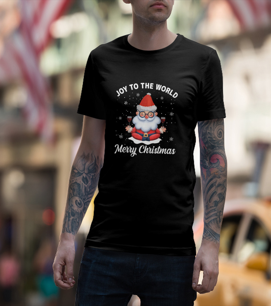 Joy To The World Merry Christmas Santa Meditation With Wine Snowflakes T-Shirt