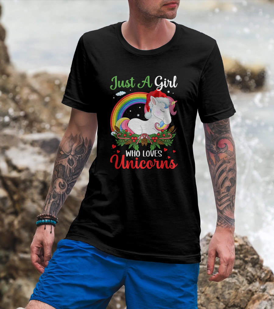 Just A Girl Who Loves Unicorns Rainbow Christmas Santa Hat T-Shirt