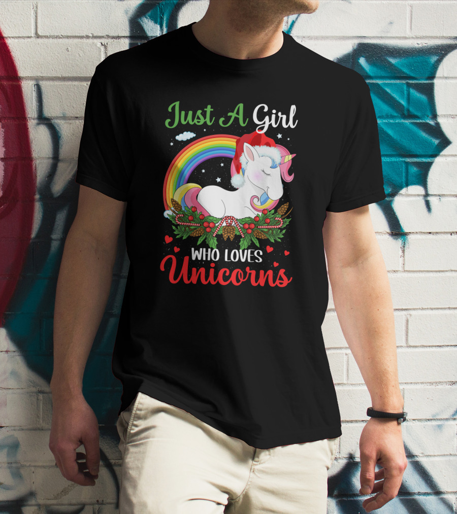 Just A Girl Who Loves Unicorns Rainbow Christmas Santa Hat T-Shirt
