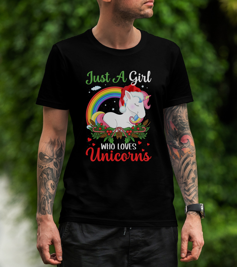 Just A Girl Who Loves Unicorns Rainbow Christmas Santa Hat T-Shirt