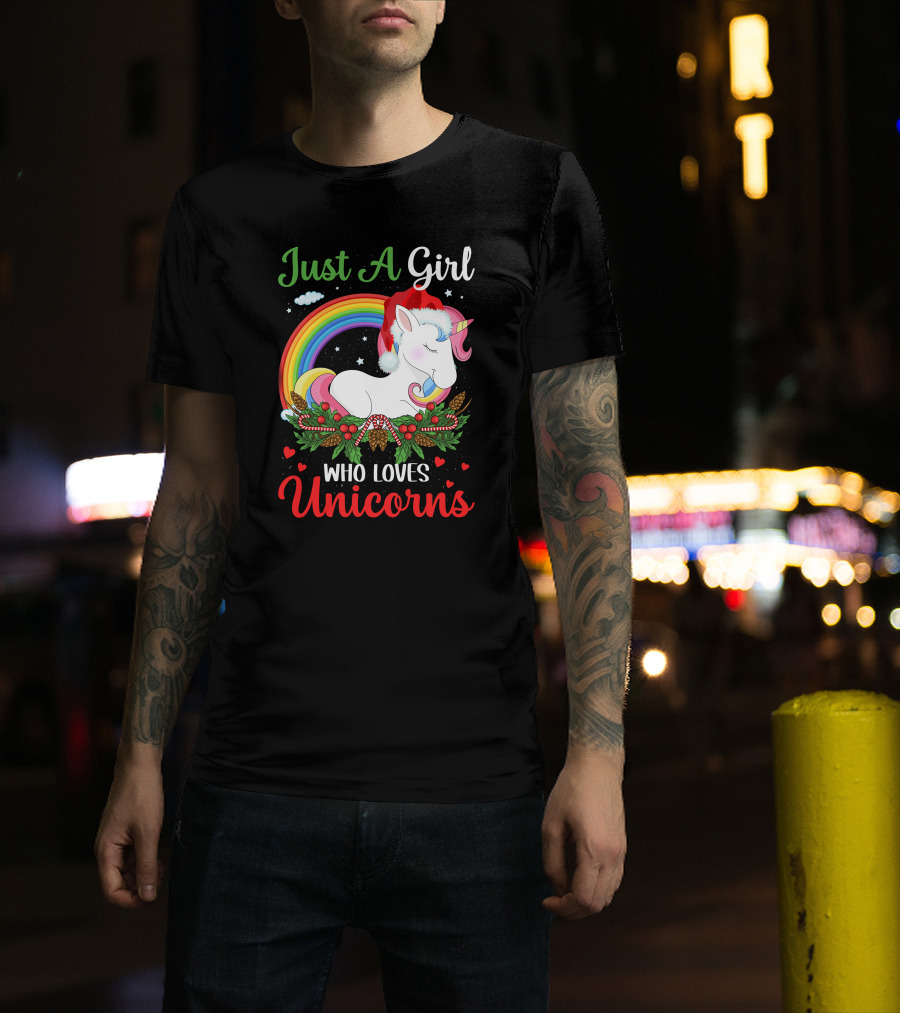 Just A Girl Who Loves Unicorns Rainbow Christmas Santa Hat T-Shirt