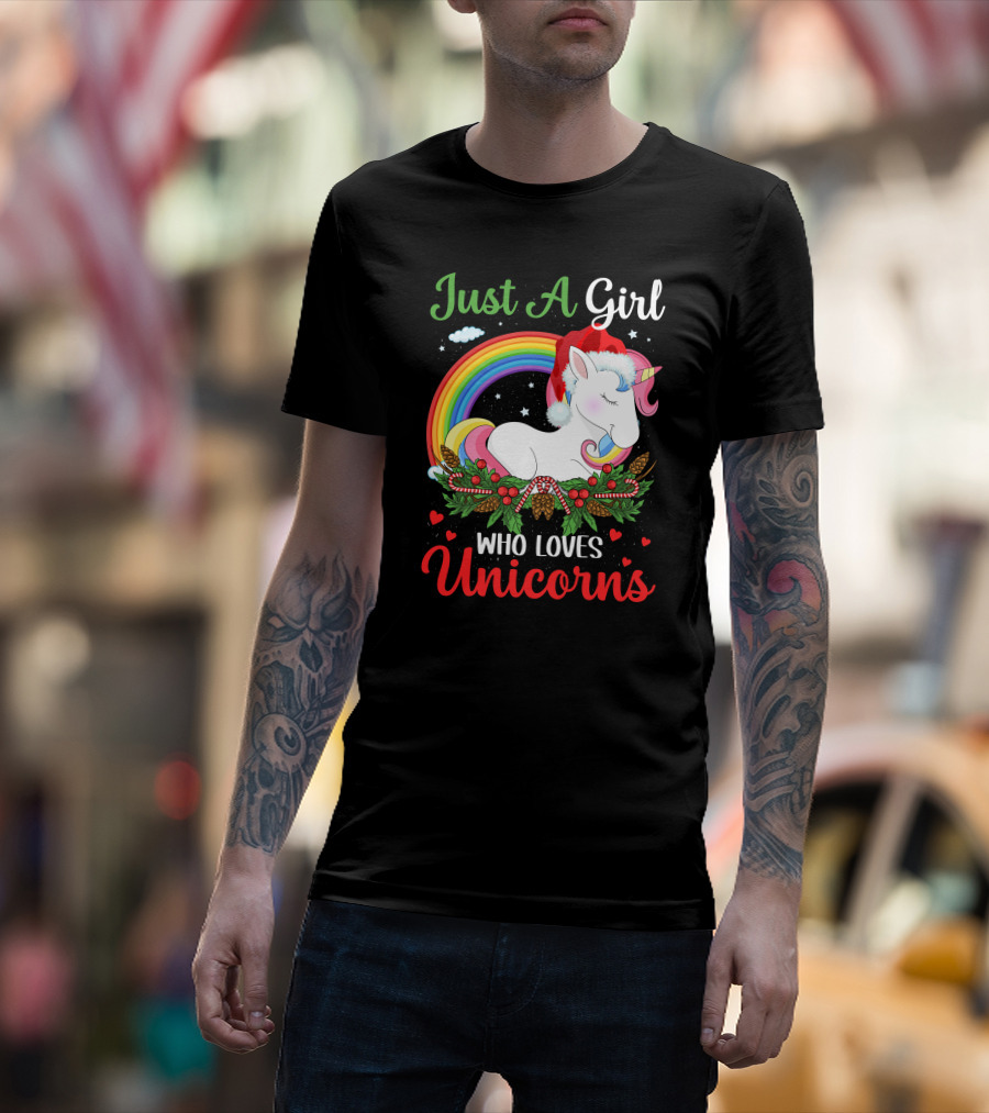 Just A Girl Who Loves Unicorns Rainbow Christmas Santa Hat T-Shirt