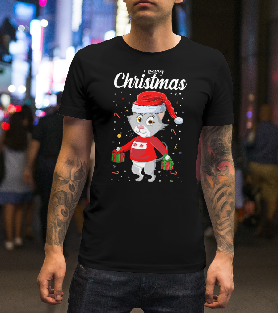 Merry Christmas Catboy With Santa Hat And Gifts T-Shirt