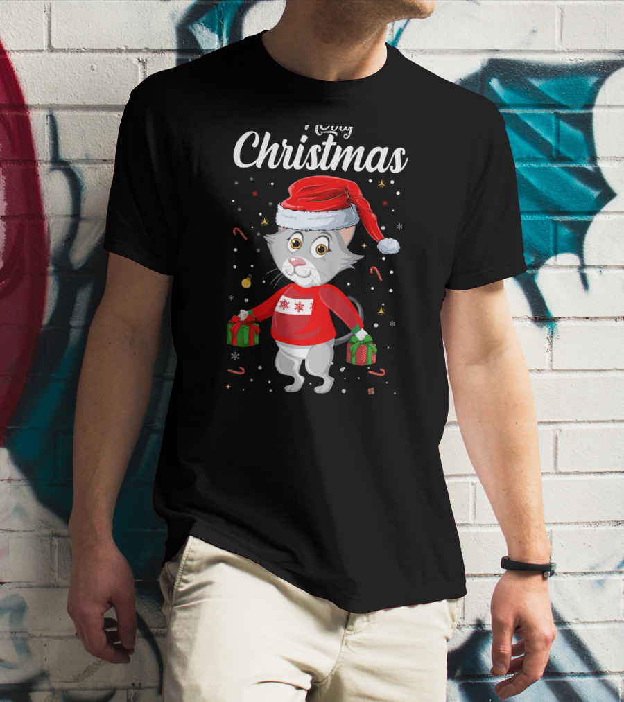 Merry Christmas Catboy With Santa Hat And Gifts T-Shirt