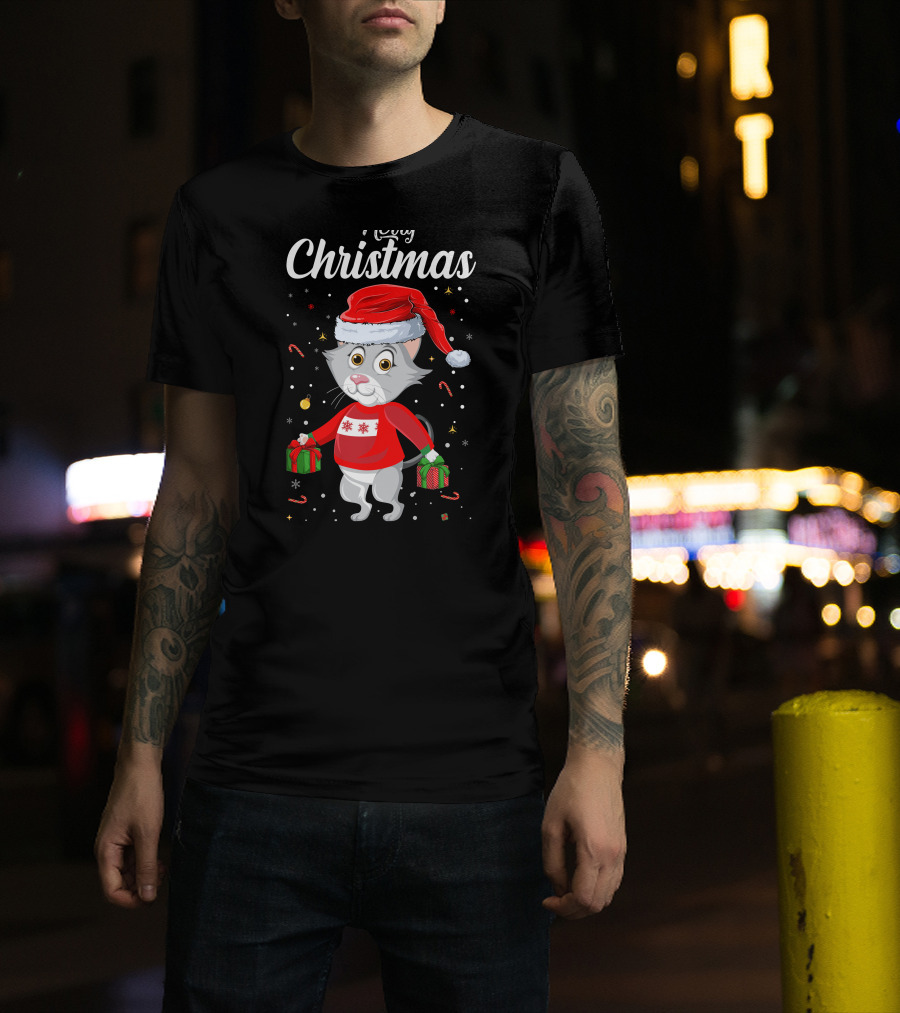 Merry Christmas Catboy With Santa Hat And Gifts T-Shirt