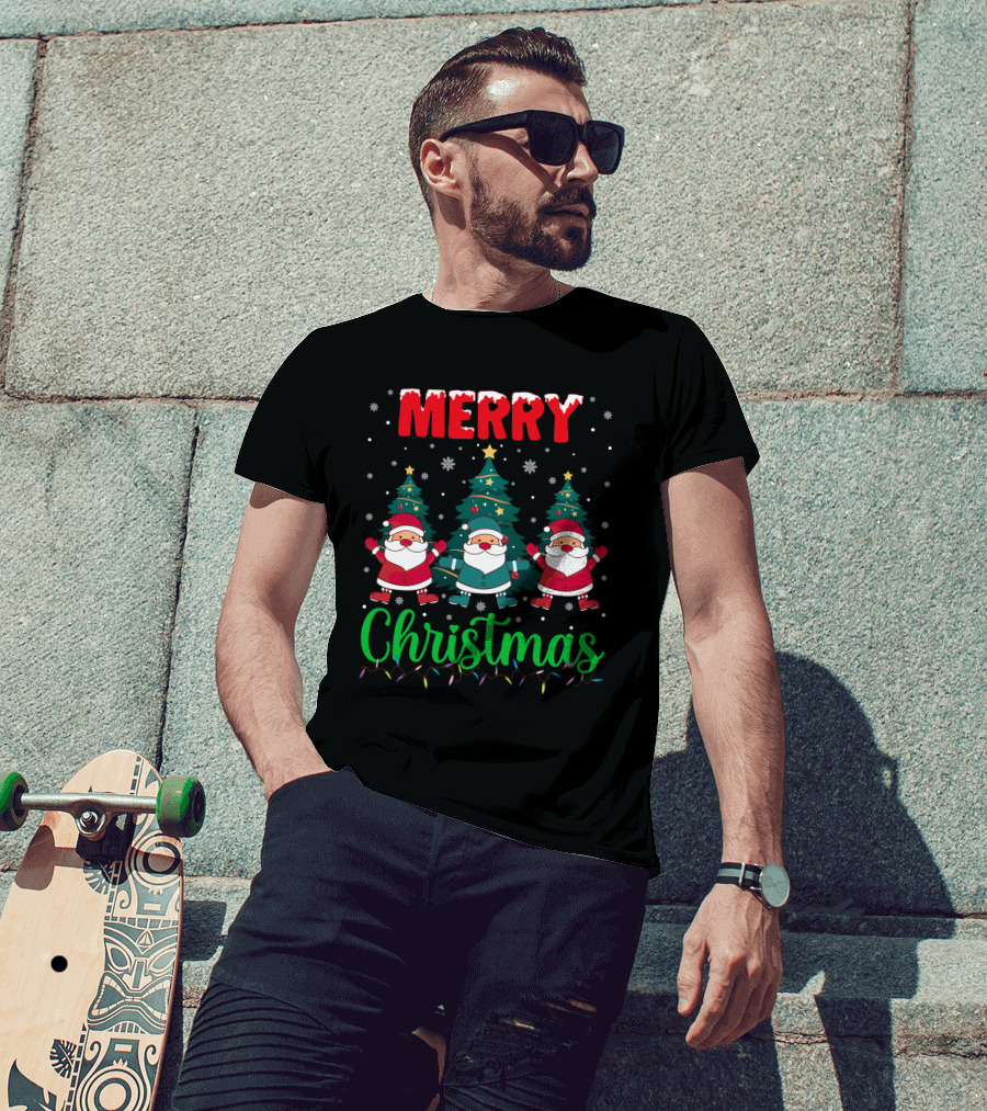 Merry Christmas Santa Gnome Snowflakes Trees Stars Lights T-Shirt
