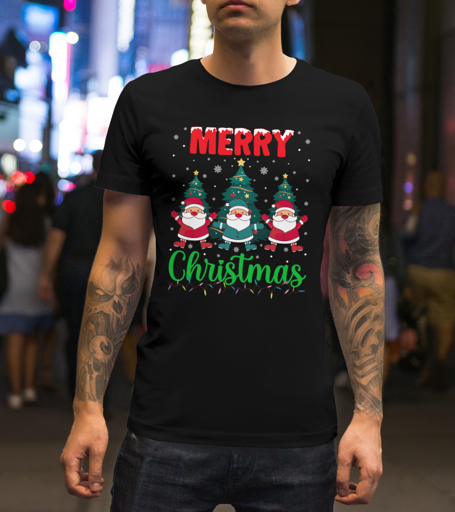 Merry Christmas Santa Gnome Snowflakes Trees Stars Lights T-Shirt