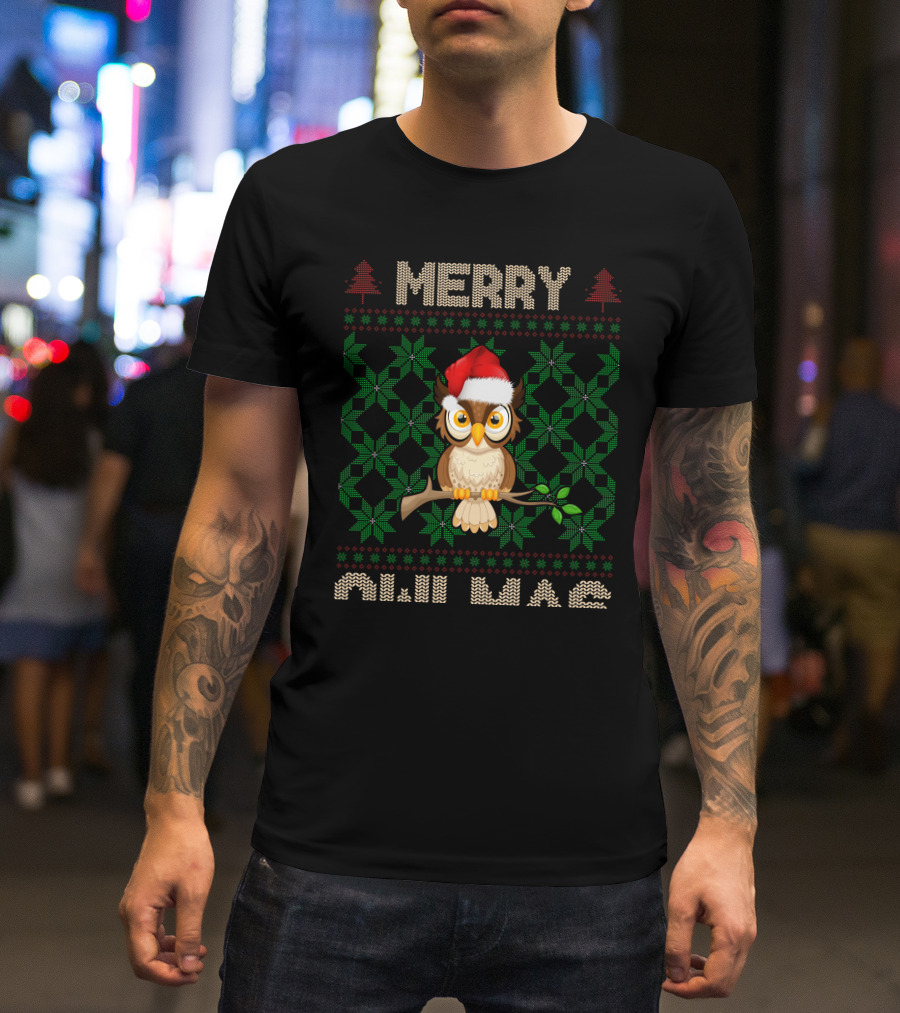 Merry Christmas Owl With Santa Hat And Knitted Tree T-Shirt