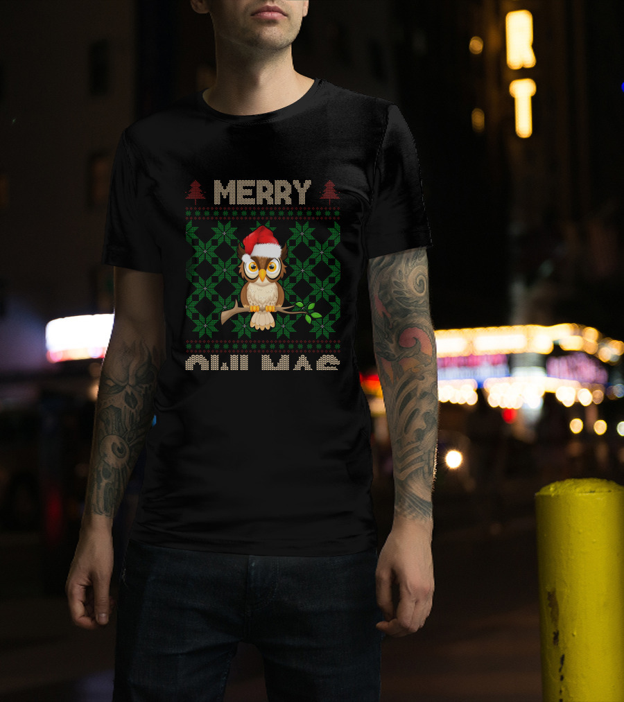 Merry Christmas Owl With Santa Hat And Knitted Tree T-Shirt