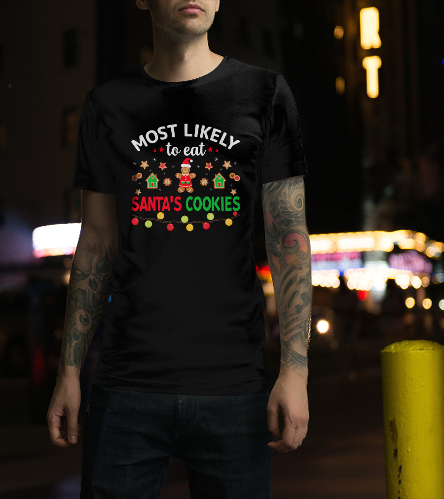 Most Likely To Eat Santa's Cookies Gingerbread Garland Christmas Lights T-Shirt