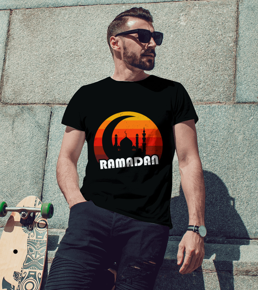 Ramadan Mosque Silhouette Crescent Moon Sunset Background T-Shirt