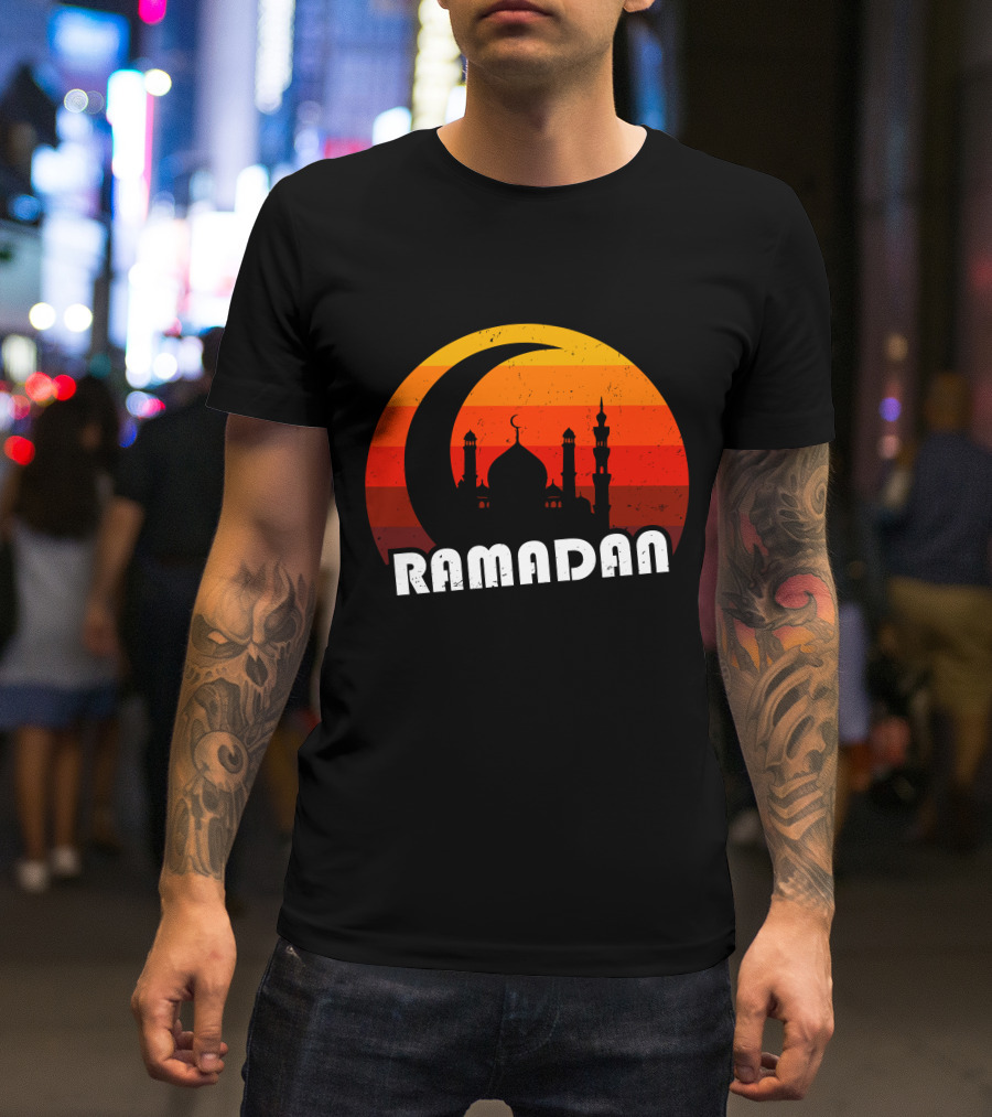Ramadan Mosque Silhouette Crescent Moon Sunset Background T-Shirt