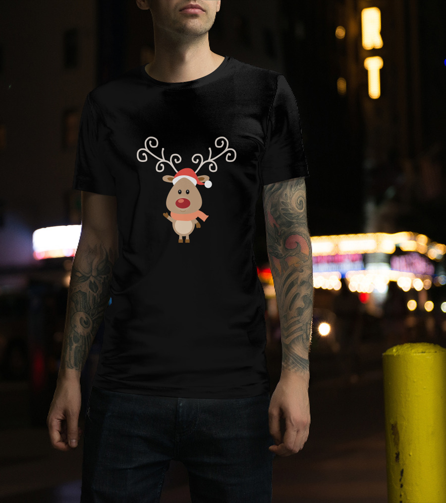 Christmas Reindeer Wear Scarf Cute Cartoon With Santa Hat T-Shirt