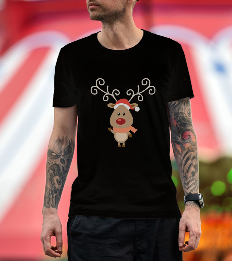 Christmas Reindeer Wear Scarf Cute Cartoon With Santa Hat T-Shirt