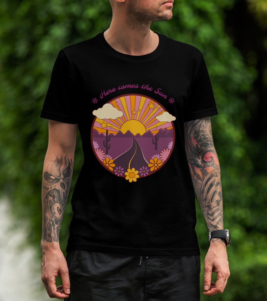 Here Comes The Sun Groovy Sunburst Desert Road With Flowers And Stars T-Shirt