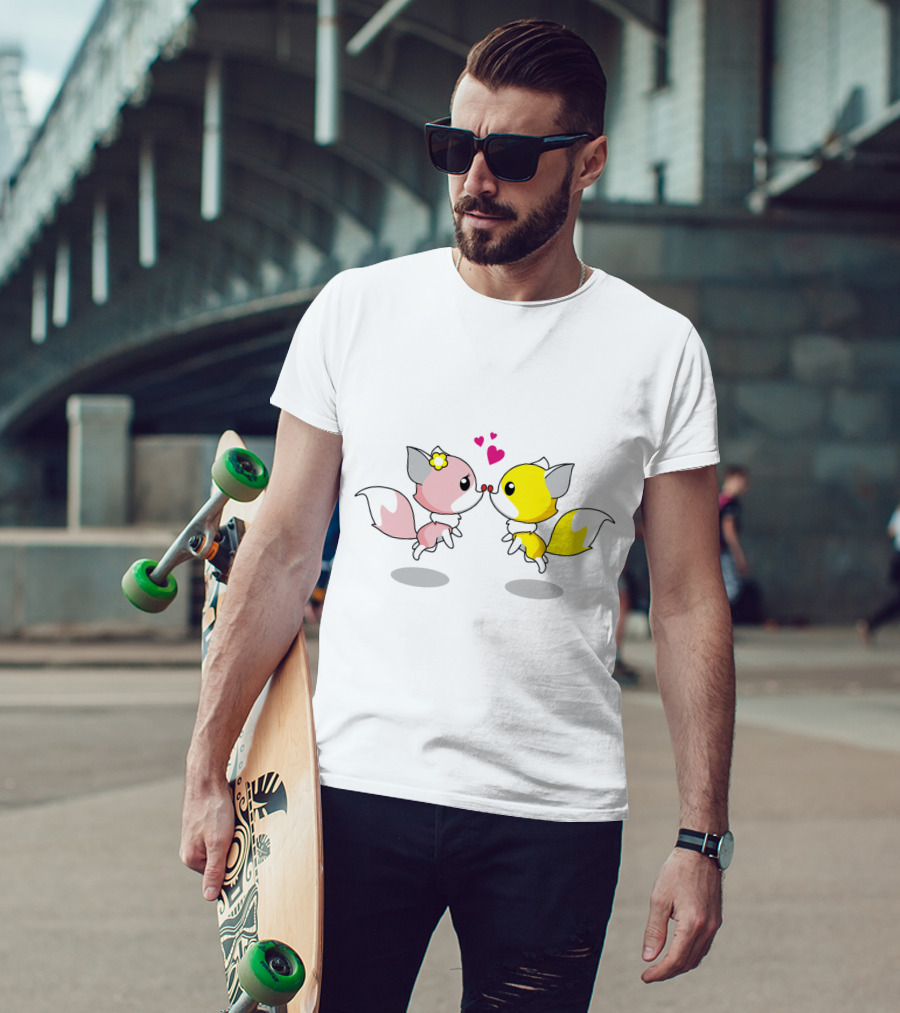 Cute Foxes In Love Kissing Hearts Blossom Yellow Pink Foxes T-Shirt
