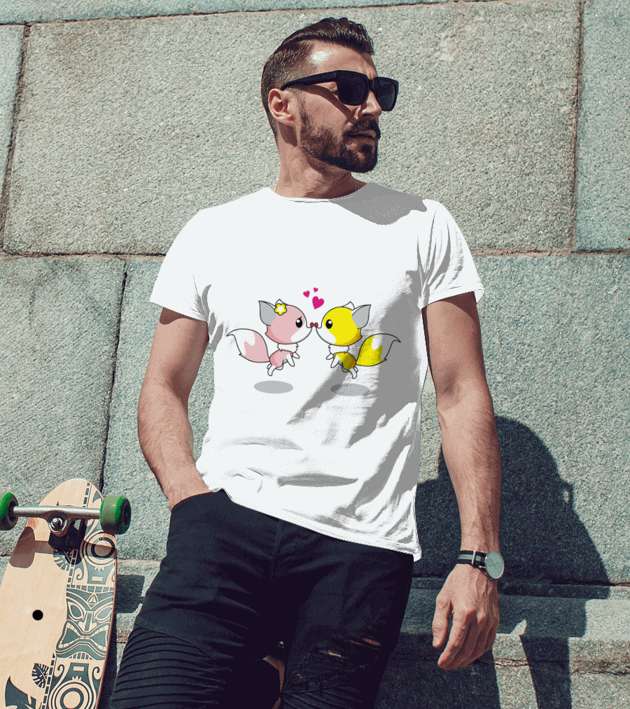 Cute Foxes In Love Kissing Hearts Blossom Yellow Pink Foxes T-Shirt