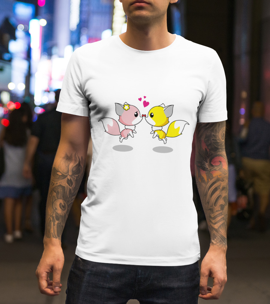 Cute Foxes In Love Kissing Hearts Blossom Yellow Pink Foxes T-Shirt