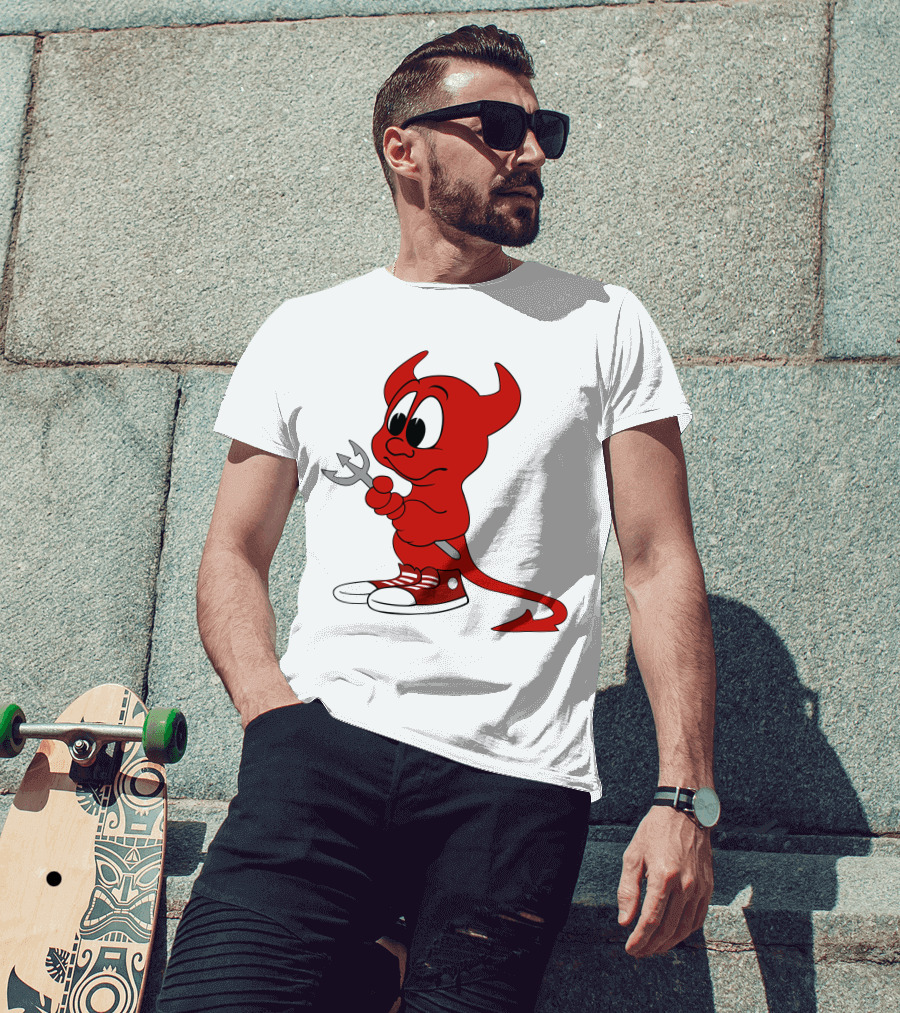 Devil In Sneakers Holding Pitch Fork Cartoon T-Shirt