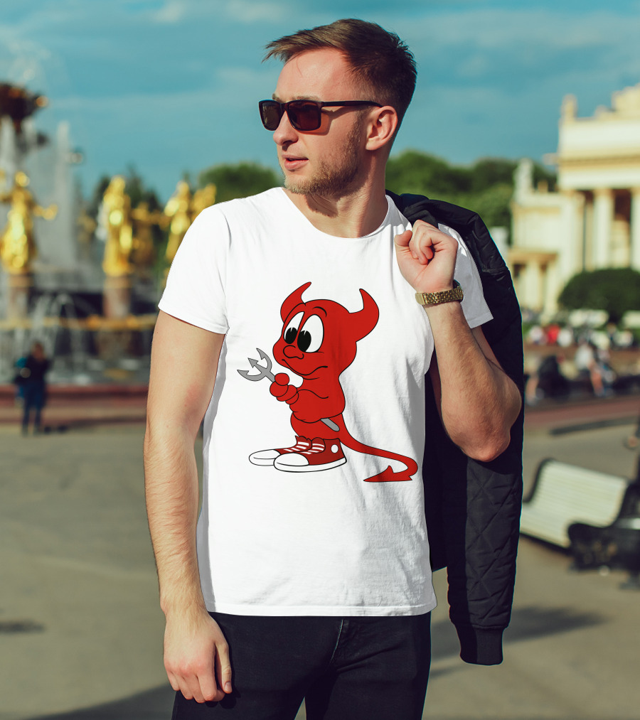 Devil In Sneakers Holding Pitch Fork Cartoon T-Shirt