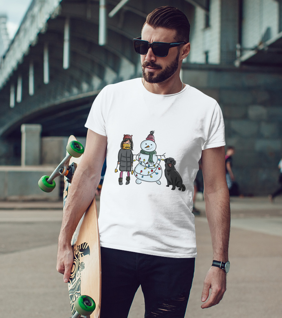 Girl With Yellow Scarf, Dog, And Snowman With Christmas Lights T-Shirt