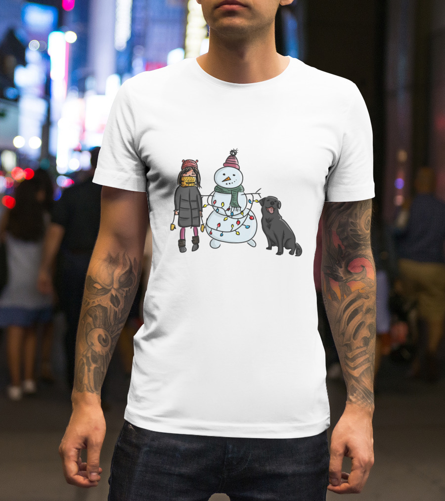 Girl With Yellow Scarf, Dog, And Snowman With Christmas Lights T-Shirt