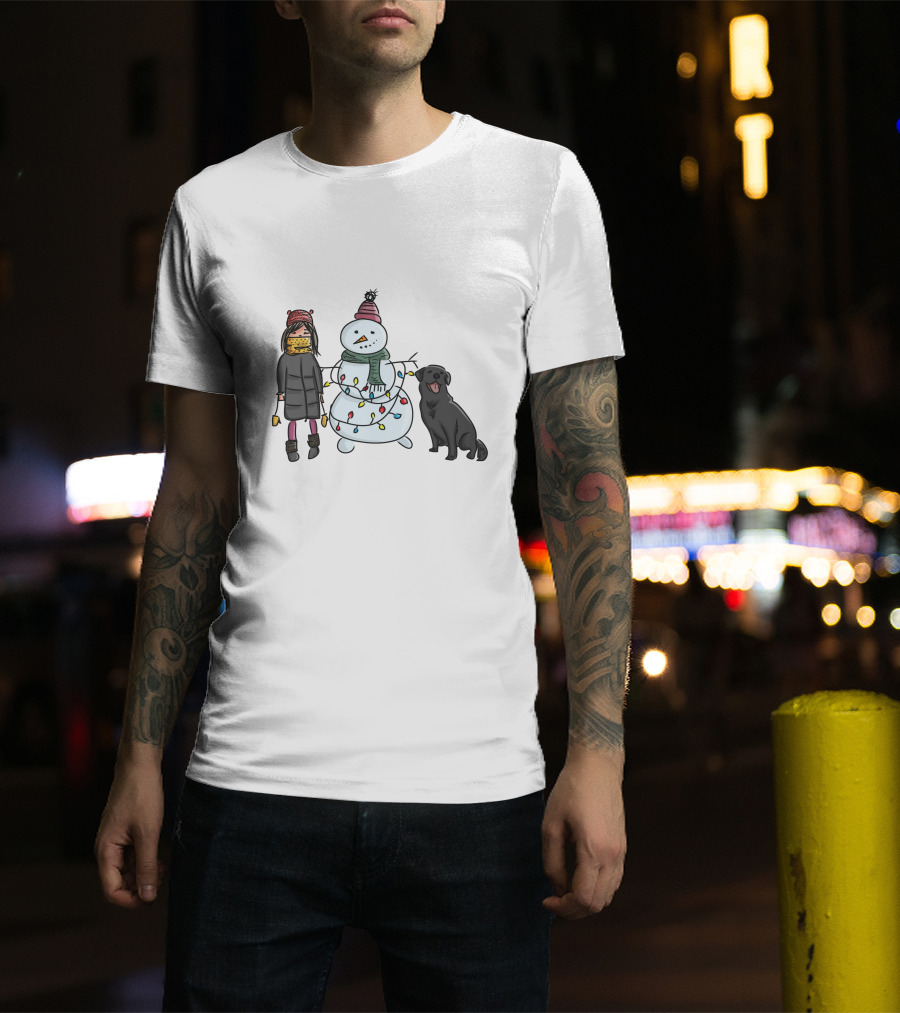 Girl With Yellow Scarf, Dog, And Snowman With Christmas Lights T-Shirt
