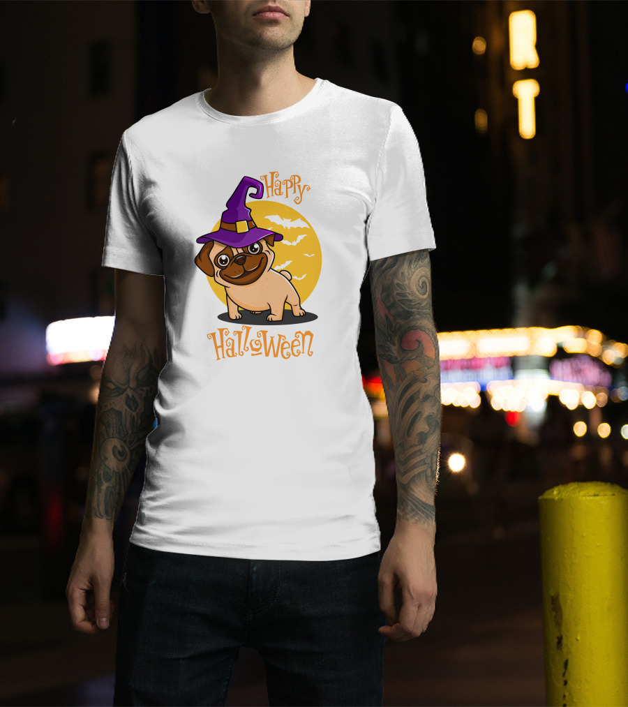 Happy Halloween Dog Witch Hat Full Moon Bats T-Shirt