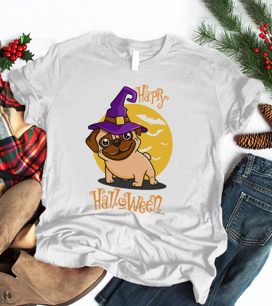 Happy Halloween Dog Witch Hat Full Moon Bats T-Shirt